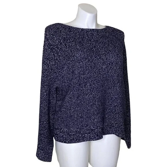 Loft Black White Marled Pullover Sweater Long Flare Sleeve Cotton Women's Size L - Picture 3 of 9